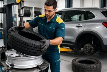 Mecânico realizando a troca de pneus em um carro.