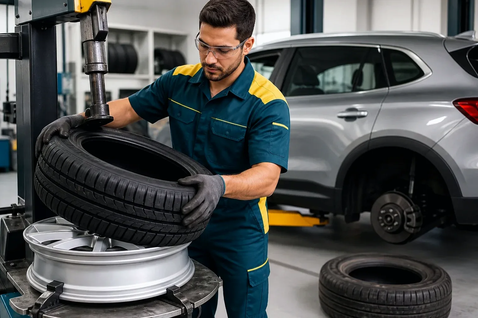 Mecânico realizando a troca de pneus em um carro.