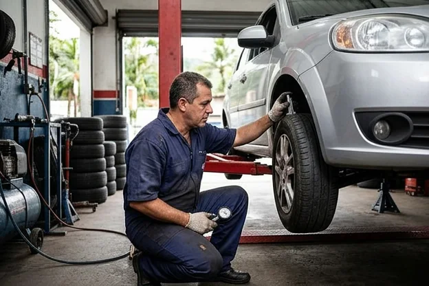 Pneus sendo inspecionados para manutenção na borracharia.