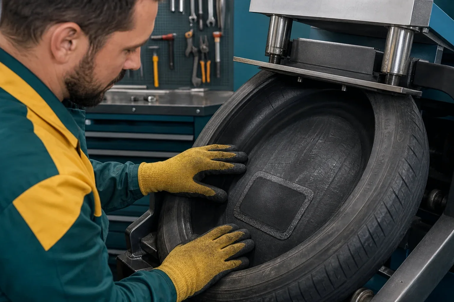 Técnico aplicando vulcanização em um pneu.
