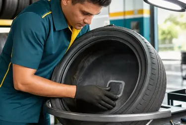 Técnico em borracharia consertando um pneu fora de um carro.