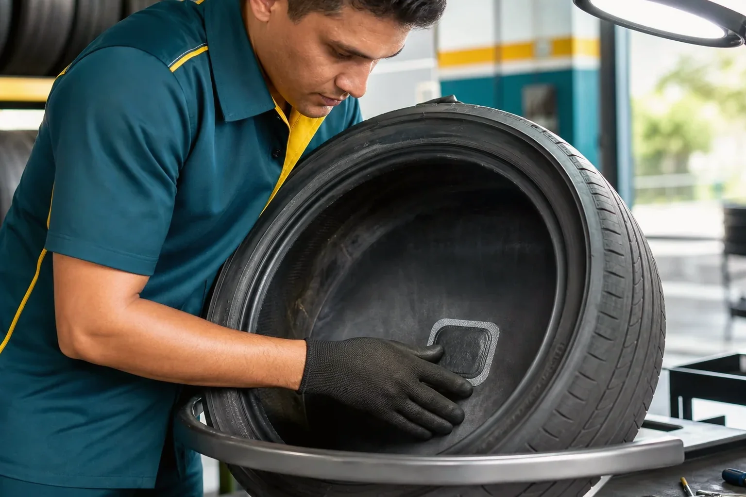 Técnico em borracharia consertando um pneu fora de um carro.